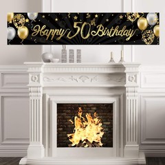 Happy 50th Birthday Banner for Men Women Sign Black Gold Glitter 50 Years Old…