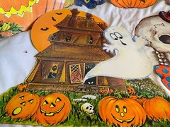 Vintage 10 Halloween Cardboard Diecut Decorations Witch Pumpkin Raccoon Skull ++