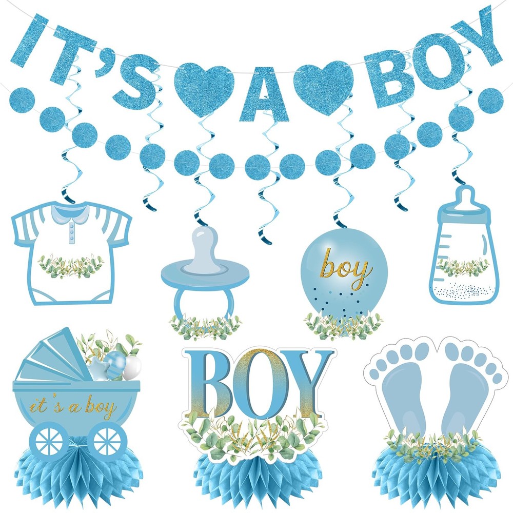 Baby Shower Decorations for Boy – 9PCS Light Blue Glitter It’s a Boy Gender R…