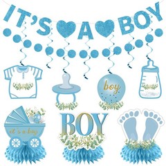 Baby Shower Decorations for Boy – 9PCS Light Blue Glitter It’s a Boy Gender R…