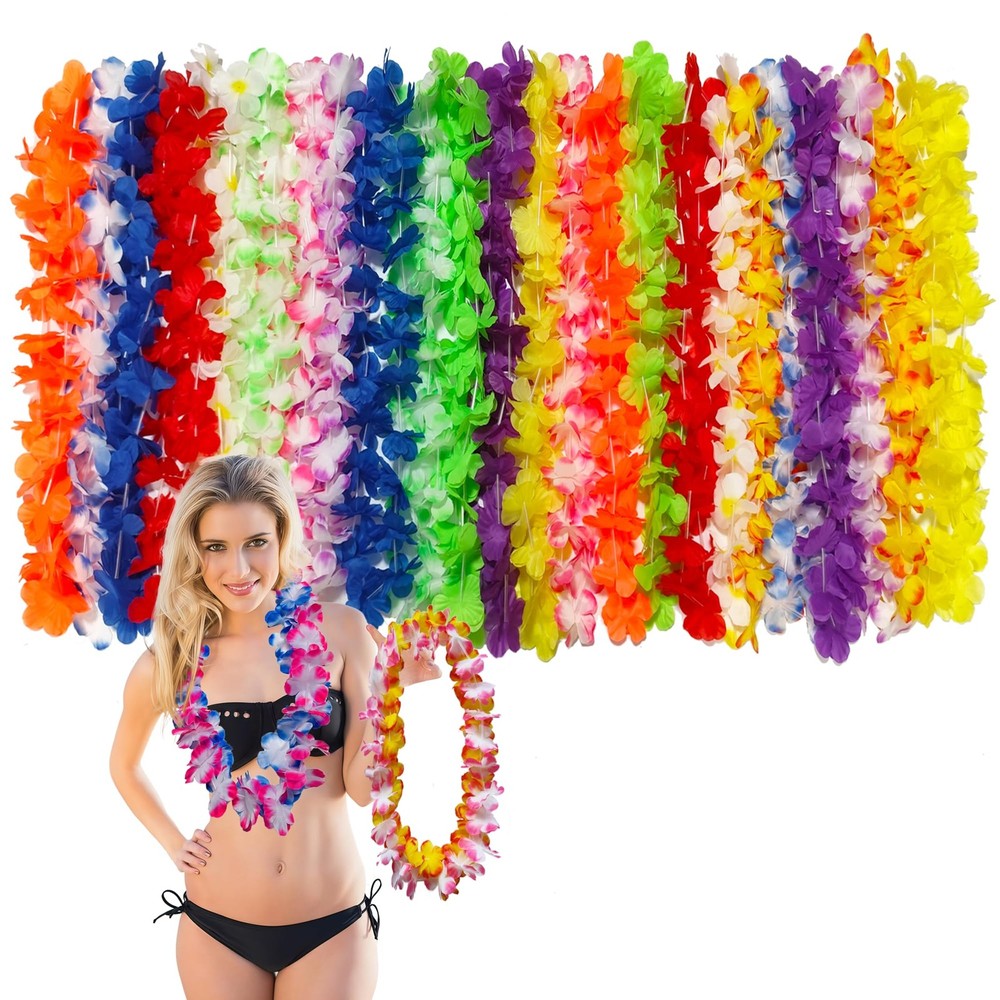 24Pcs Hawaiian Leis for Luau Party Decor, Colorful Flower Necklace,Tropical H…