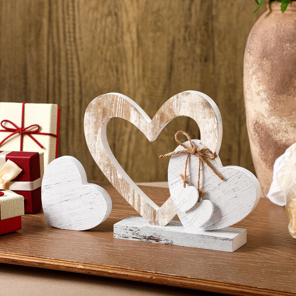 2 Pcs Vintage Rustic Wood Heart Decor White Farmhouse Love Ornaments Centerpi…