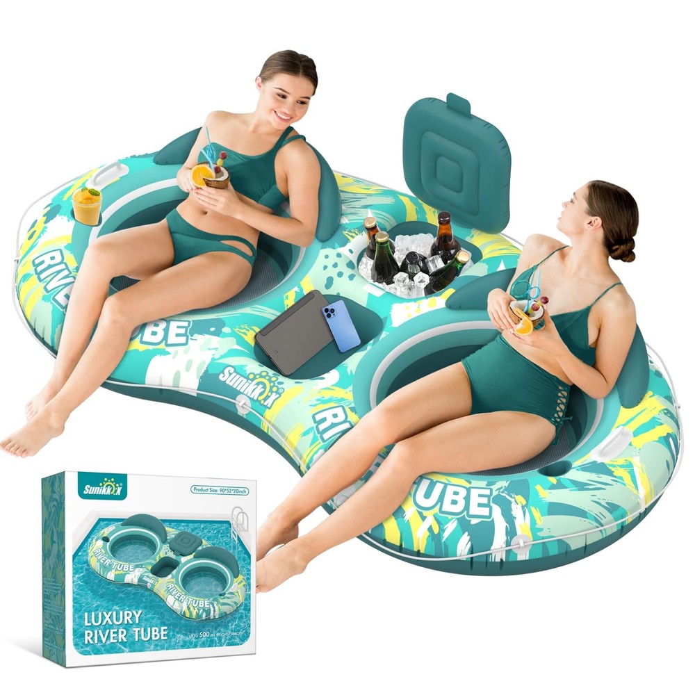 Sunikko X 5-in-1 Pool Float 2 Person Heavy Duty River Tube Cooler Cup Holder
