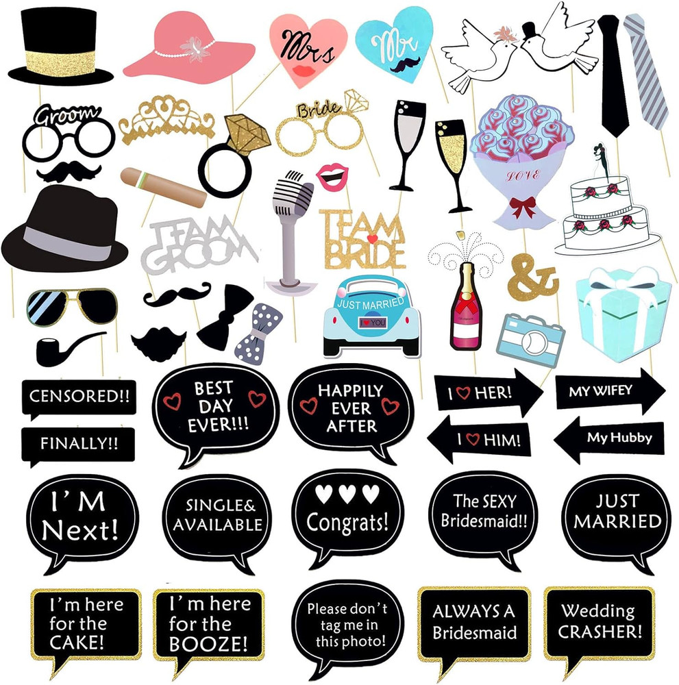 52PCS Wedding Photo Booth Props with Stick Bridal Shower Photo Booth Props Funny