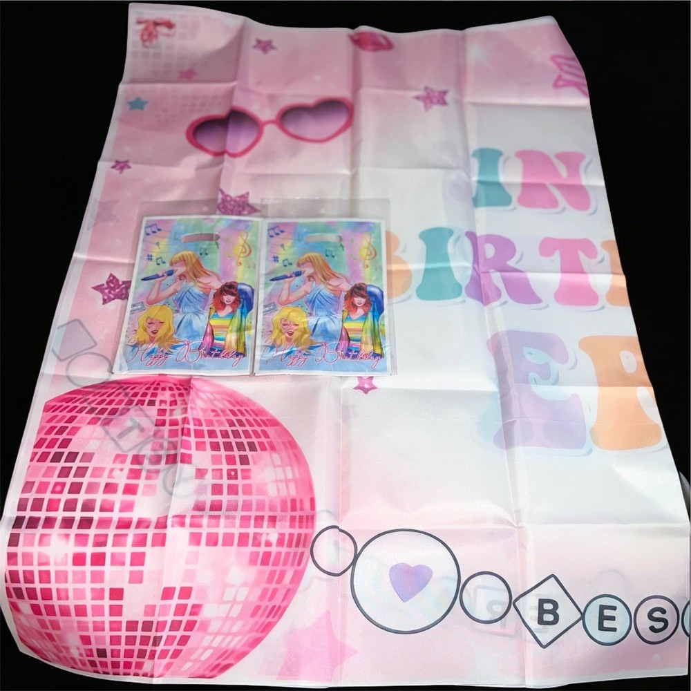 Taylor Swift Birthday Cloth Banner 58”L X 40”H Decoration 20 Party Favor Bags