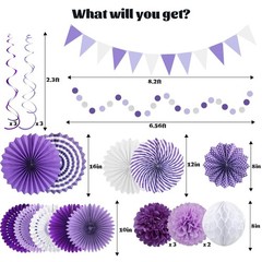 24 Pcs Purple Decorations Kit, Reusable Hanging Fans Triangle Banner Tissue P…