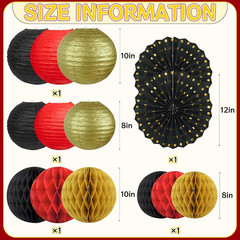 14 Pack Red Black Gold Party Decorations Kit, Hanging Paper Lanterns & Fans for