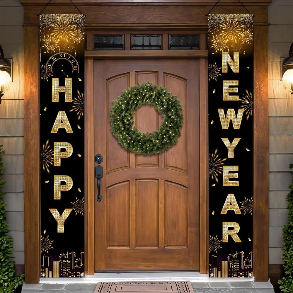 Happy New Year Black Gold Decorations – Front Porch Hang Door Banners, New Year