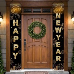 Happy New Year Black Gold Decorations – Front Porch Hang Door Banners, New Year
