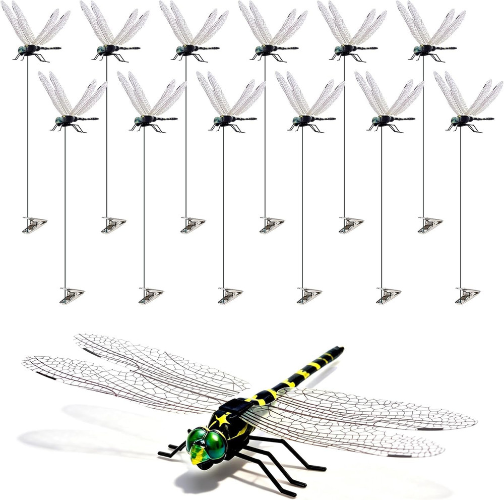 12 Pack 3D Dragonfly Clips, Fake Dragonflies with Stakes, Realistic Plastic Drag