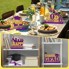 4Pcs Graduation Decorations Class of 2026 Wood Table Centerpieces Purple-gold