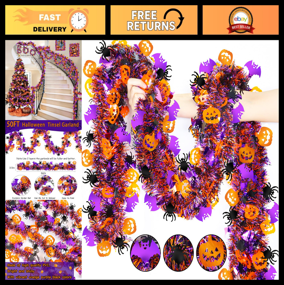 50 FT Halloween Tinsel Garland – Orange Pumpkin, Black Spider, Purple Bat Decor