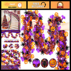 50 FT Halloween Tinsel Garland – Orange Pumpkin, Black Spider, Purple Bat Decor