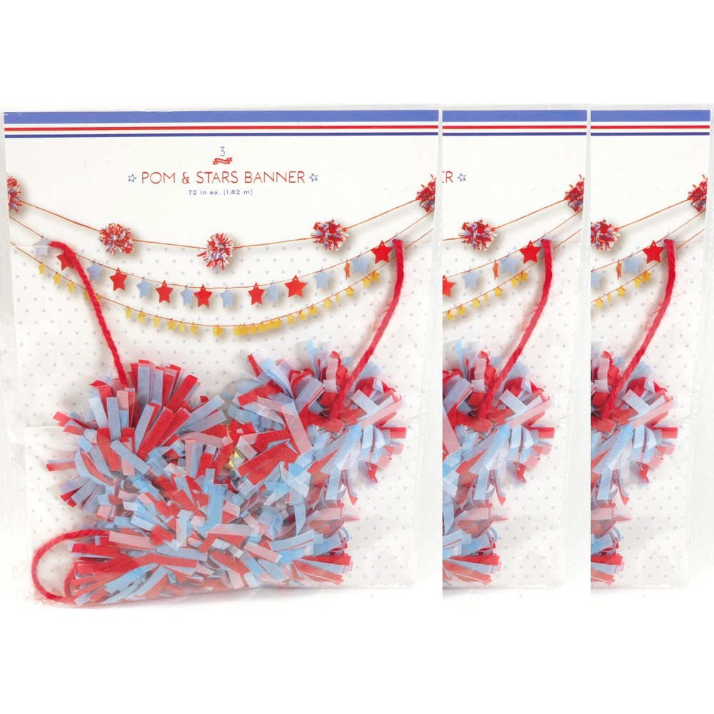 3 Pack Target Crepe Paper Pom & Stars Banner Red White & Blue 72 in. (1.82m) NEW