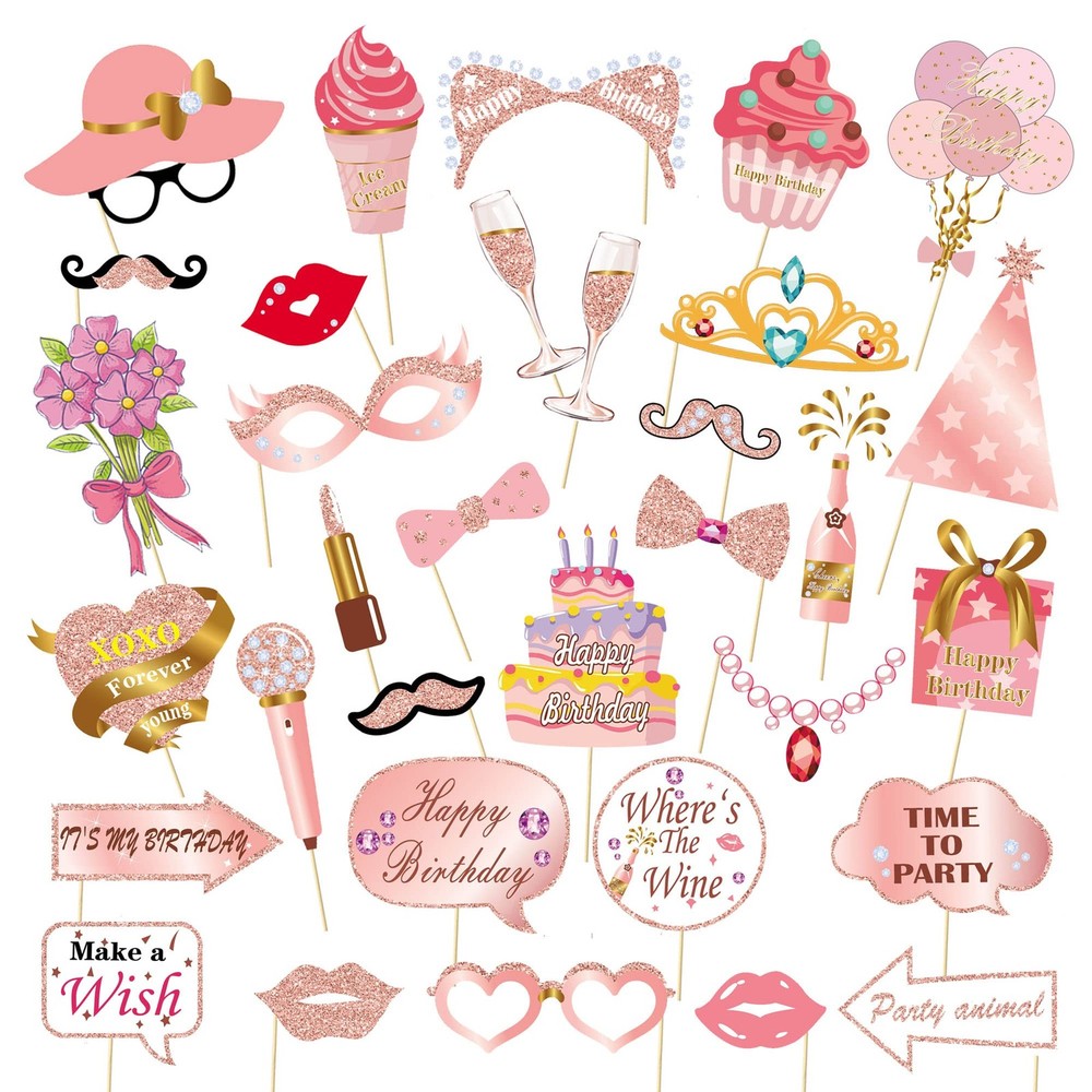 Birthday Decorations 33PCS Photo Booth Props Rose Gold Party Women Glitter
