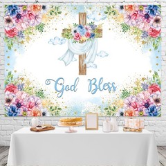 God Bless Backdrop Boy Blue Floral Baptism Party Decoration 7x5FT