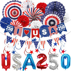 32PCS 4th of July Patriotic Decorations Set,250th Red White Blue Paper Fans D…