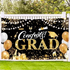 Graduation Banner 2025 Black and Gold – 72.8X43.3 Inch Congrats Grad Backdrop fo