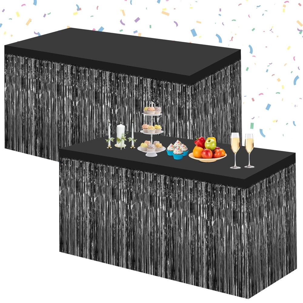 Morcheiong 2 Pack 29.5×108 Inch Black Foil Fringe Tinsel Table Skirts Disposa…