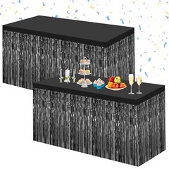 Morcheiong 2 Pack 29.5×108 Inch Black Foil Fringe Tinsel Table Skirts Disposa…