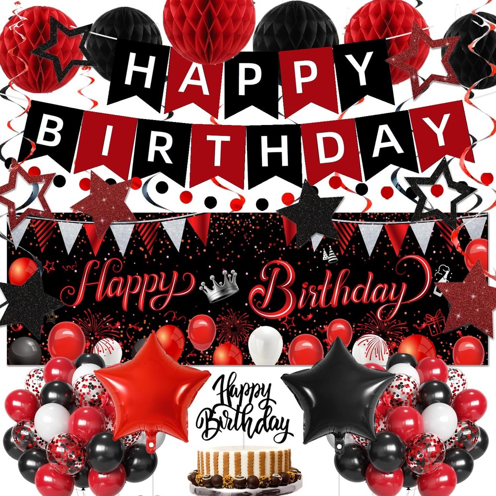 Red Black Decorations, Happy Banner, Backdrop, Balloons, Honeycomb Balls, Sta…