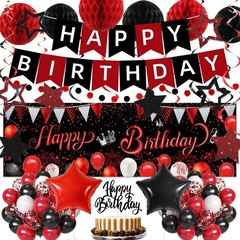 Red Black Decorations, Happy Banner, Backdrop, Balloons, Honeycomb Balls, Sta…