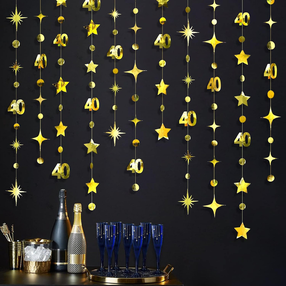Gold 40Th Birthday Decorations Number 40 Circle Dot Twinkle Star Garland Metalli