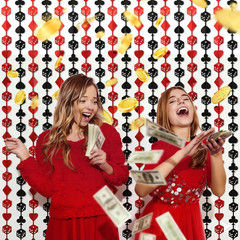 Casino Theme Party Decorations, 2 Pack 3.3X6.6 Ft Red and Black Tinsel Foil Frin