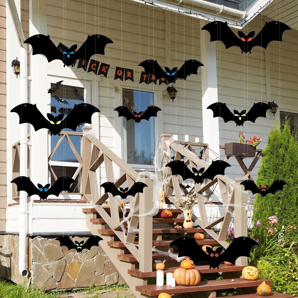 12PCS Halloween Hanging Bats, Halloween Flying Bat with Glowing Eyes Halloween