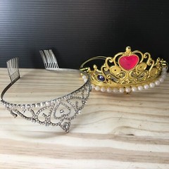 2 Tiaras: VTG Silver Metal Rhinestone Glittered & Gold Plastic MOP Ruby sapphire