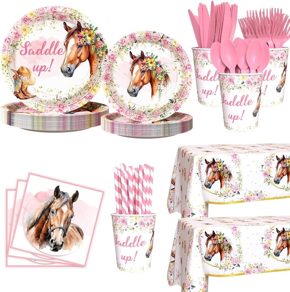 Saddle Up Horse Birthday Tableware Set Includes 2 Tablecovers, Cups, Utensils