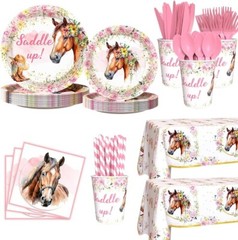 Saddle Up Horse Birthday Tableware Set Includes 2 Tablecovers, Cups, Utensils