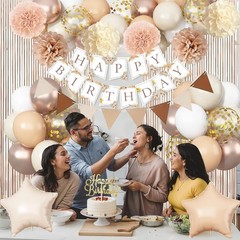 Decoraciones De Cumpleaños En Beige Y Marrón, Dorado Neutro Crema Arena Blanco.