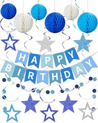 Happy Birthday Decorations, Happy Birthday Banner with Honeycomb Balls, Blue