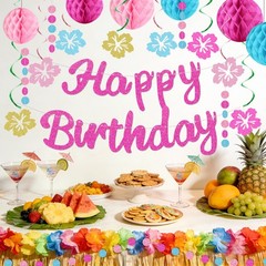 Hawaiian Luau Party Decorations Glittery Pink Happy Banner for Tropical Party…