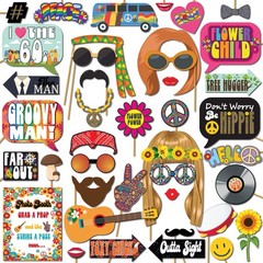 60s Photo Booth Props – 41-pc Photo Booth Kit with 8 x 10-Inch Sign, 60 Adhes…