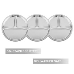PandaEar 3 Pack Stainless Steel Divided Plates for Kids, 8.1” Onesize, Silver