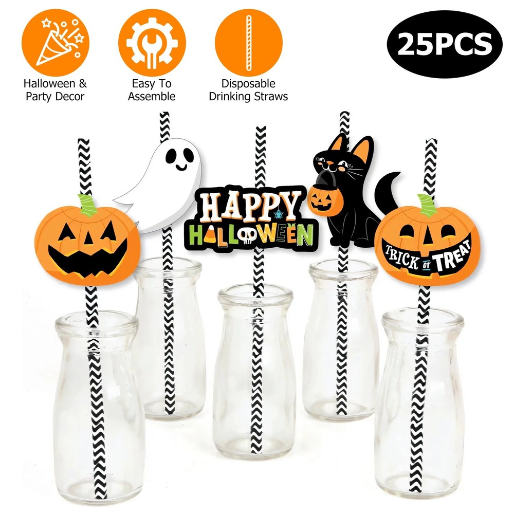 Halloween 25Pcs Party Striped Decorative Straws Disposable Drinking Straws Paper