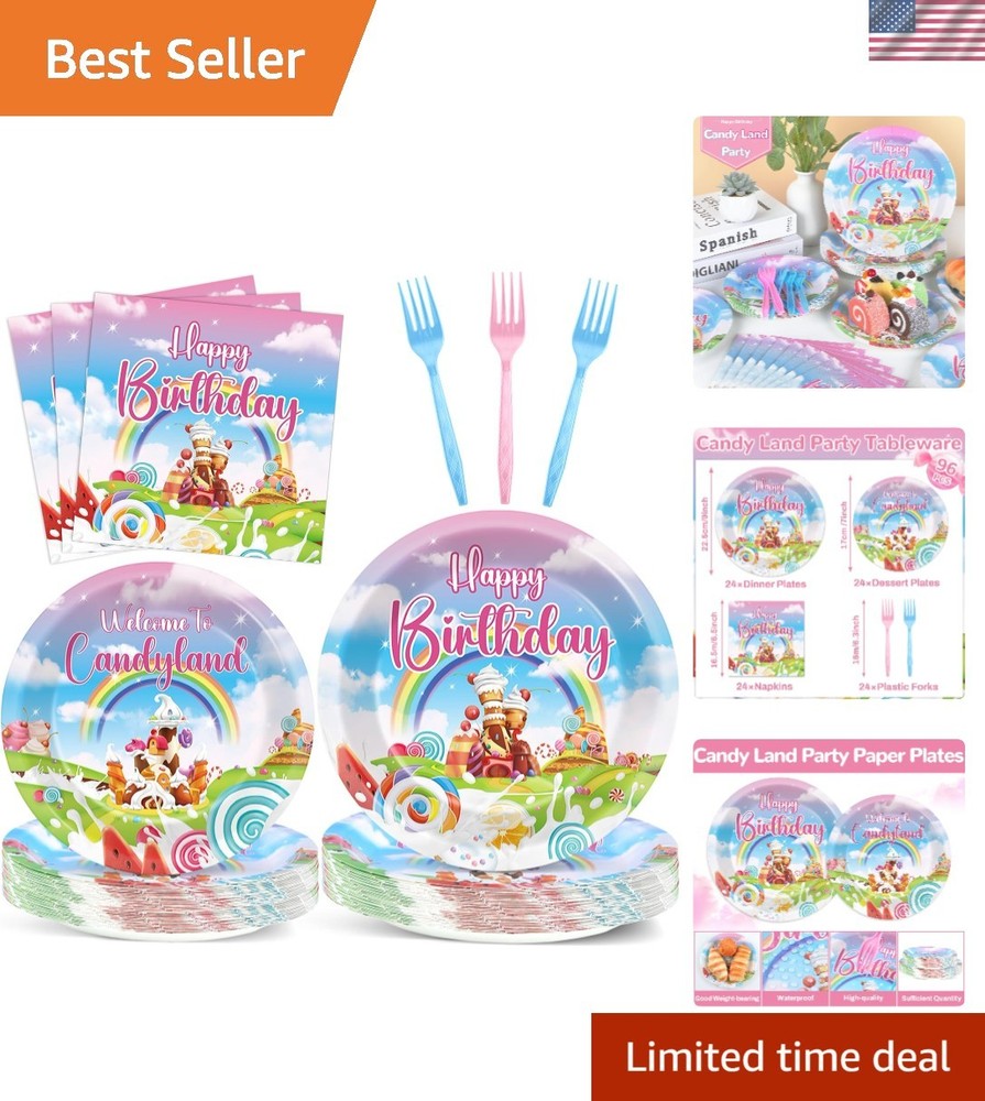 Vibrant 96-Pc Candyland Party Dinnerware – Perfect for Celebrations of 24