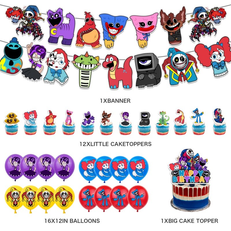 New Poppy Playtime 5 Birthday Party Decoration Banner Balloon Cupcake Topper Set