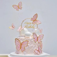 Pink Butterfly Cake Toppers, 11pcs Cupcake Toppers Happy Birthday Metal Gold …