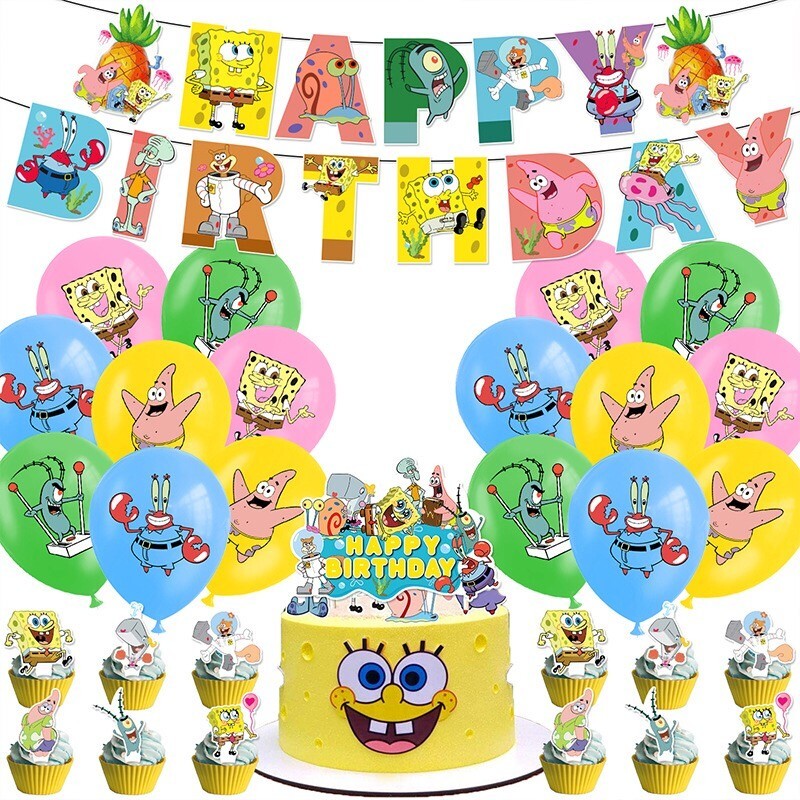 SpongeBob SquarePants Birthday Party Supplies Set，Balloons Banner Cake Toppers