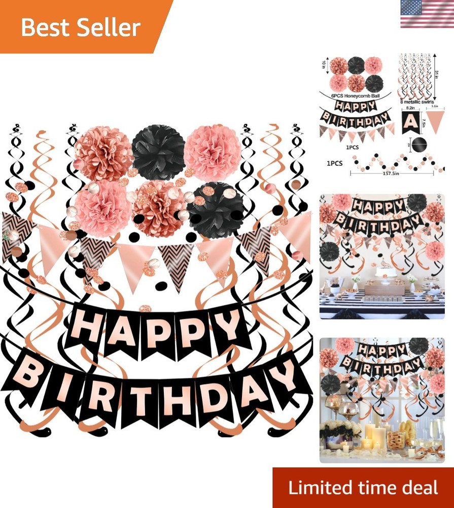 Complete Rose Gold Black Birthday Celebration Kit – Bunting, Honeycomb & Swirls