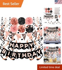 Complete Rose Gold Black Birthday Celebration Kit – Bunting, Honeycomb & Swirls