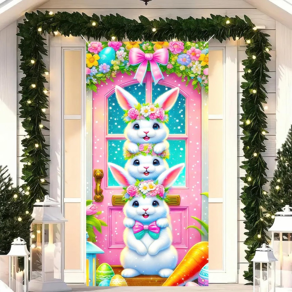 Easter Decorations Colorful Flowers Eggs Carrot Bunny Door Cover Banner 71×35″