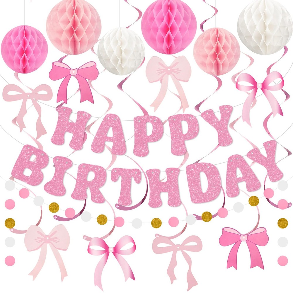 Pink Birthday Decorations for Girls Women, Glitter Happy Birthday Banner with…