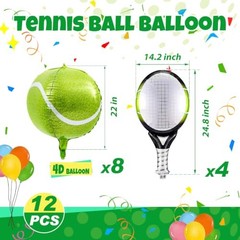 12 Pcs 4d Tennis Balloons Sets, 22in 4d Tennis Balloons & 25in Racket Balloon,