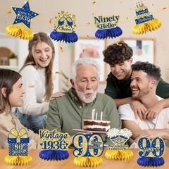 9Pcs Blue Gold 90th Birthday Decorations Blue 90th Birthday Honeycomb Centerpiec