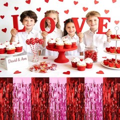 Red Pink Foil Fringe Table Skirts, 4 Pack 108 x 30 inch, Festive Tinsel Table Co