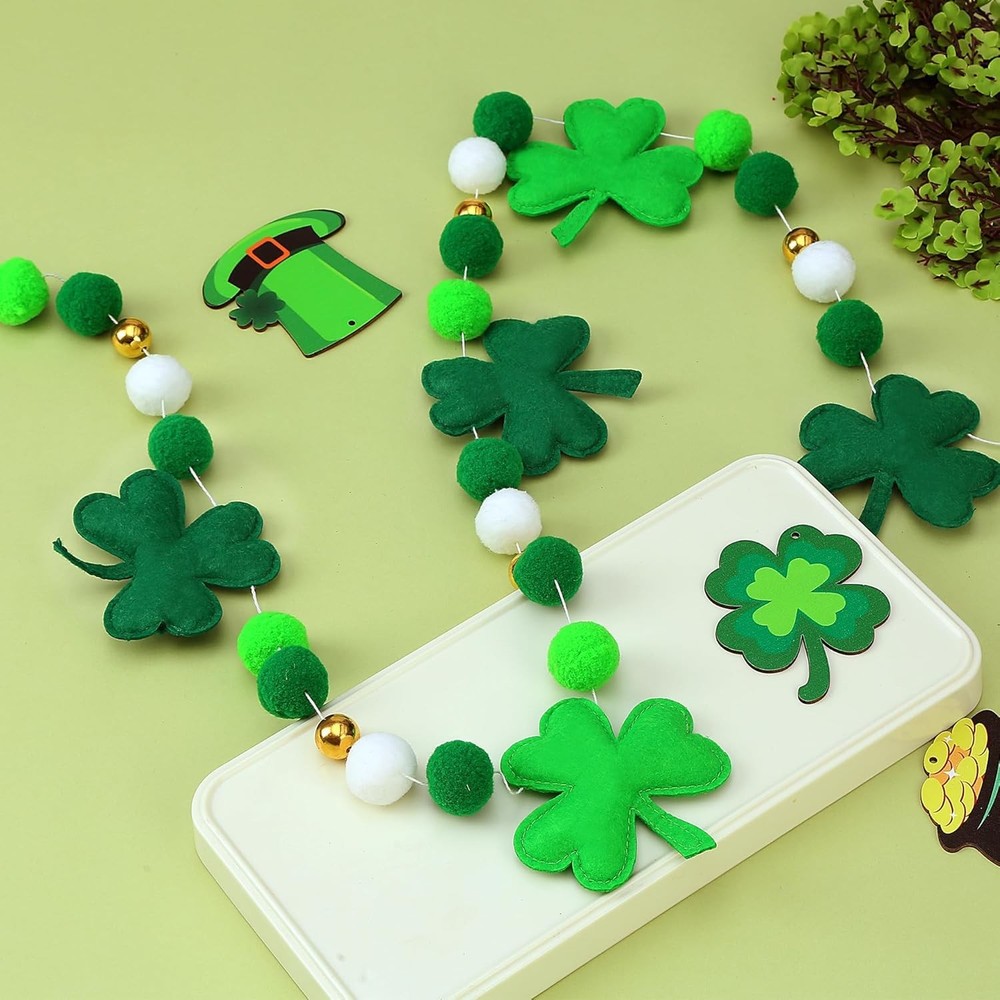 8.2Ft St Patrick’s Day Garlands 3D Felt Shamrock Clover Garlands with Gold Bead